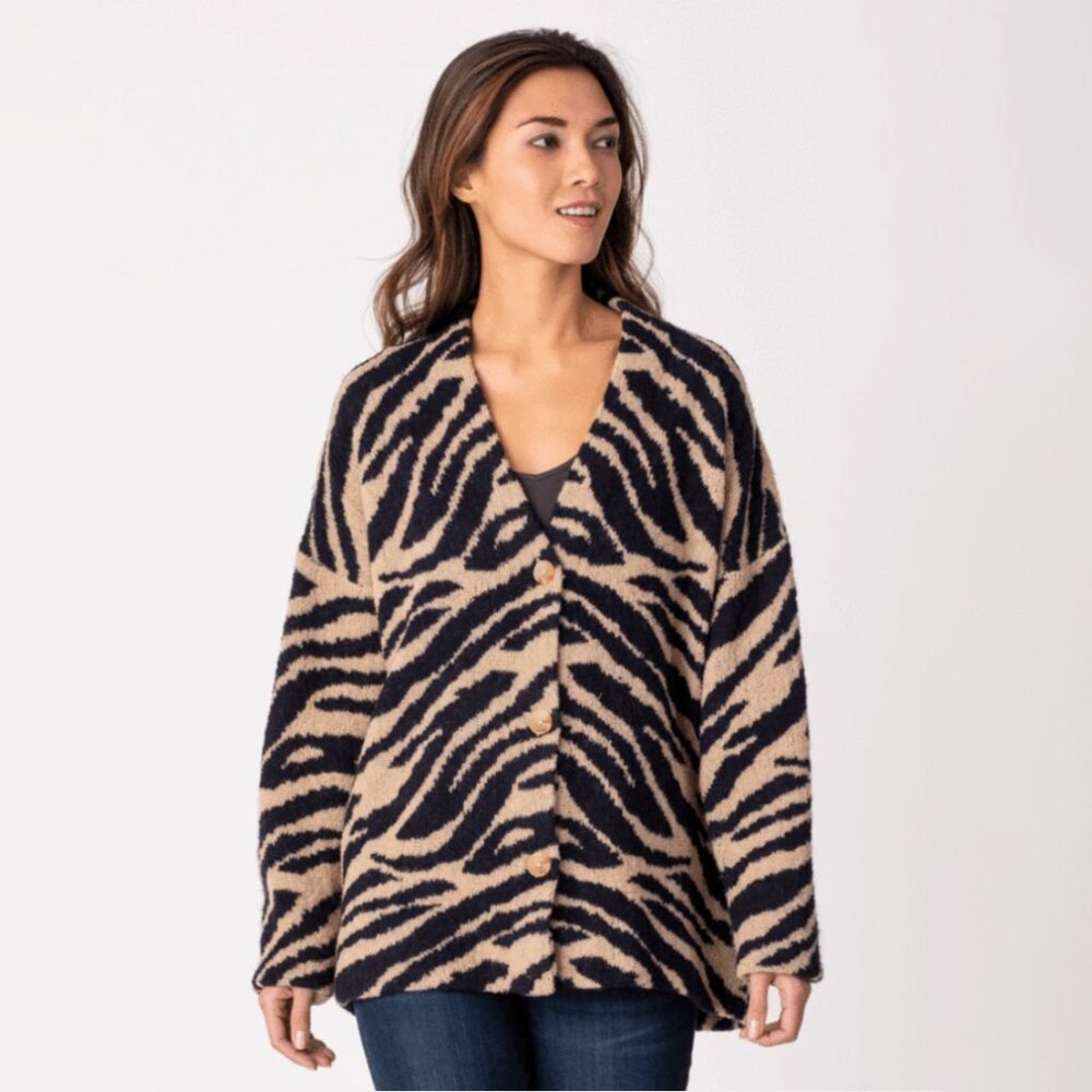 Margaret O'Leary Beige and Black Zebra Print Button-Front Cardigan
